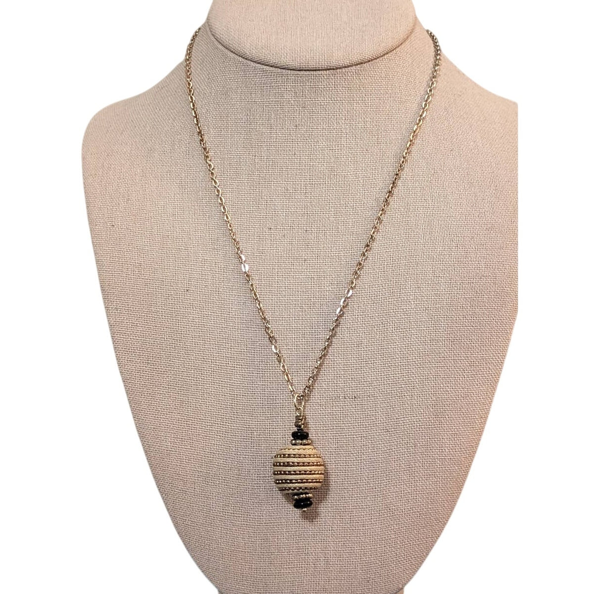 Cord Wrapped Beaded Orb Pendant on Gold Tone Spring Ring Clasp 18" Chain