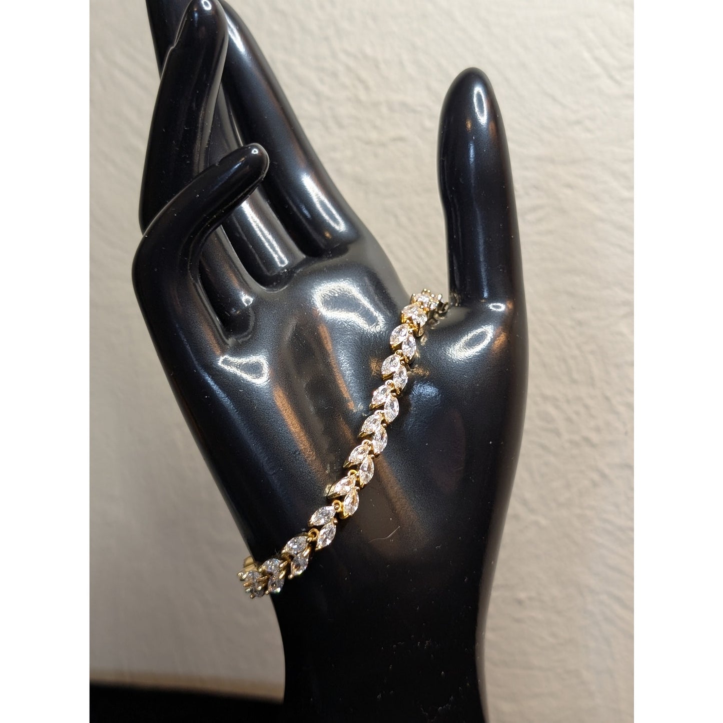Gold Tone CZ Leaf 7" Long Tennis Bracelet W/ Fold Over Clasp