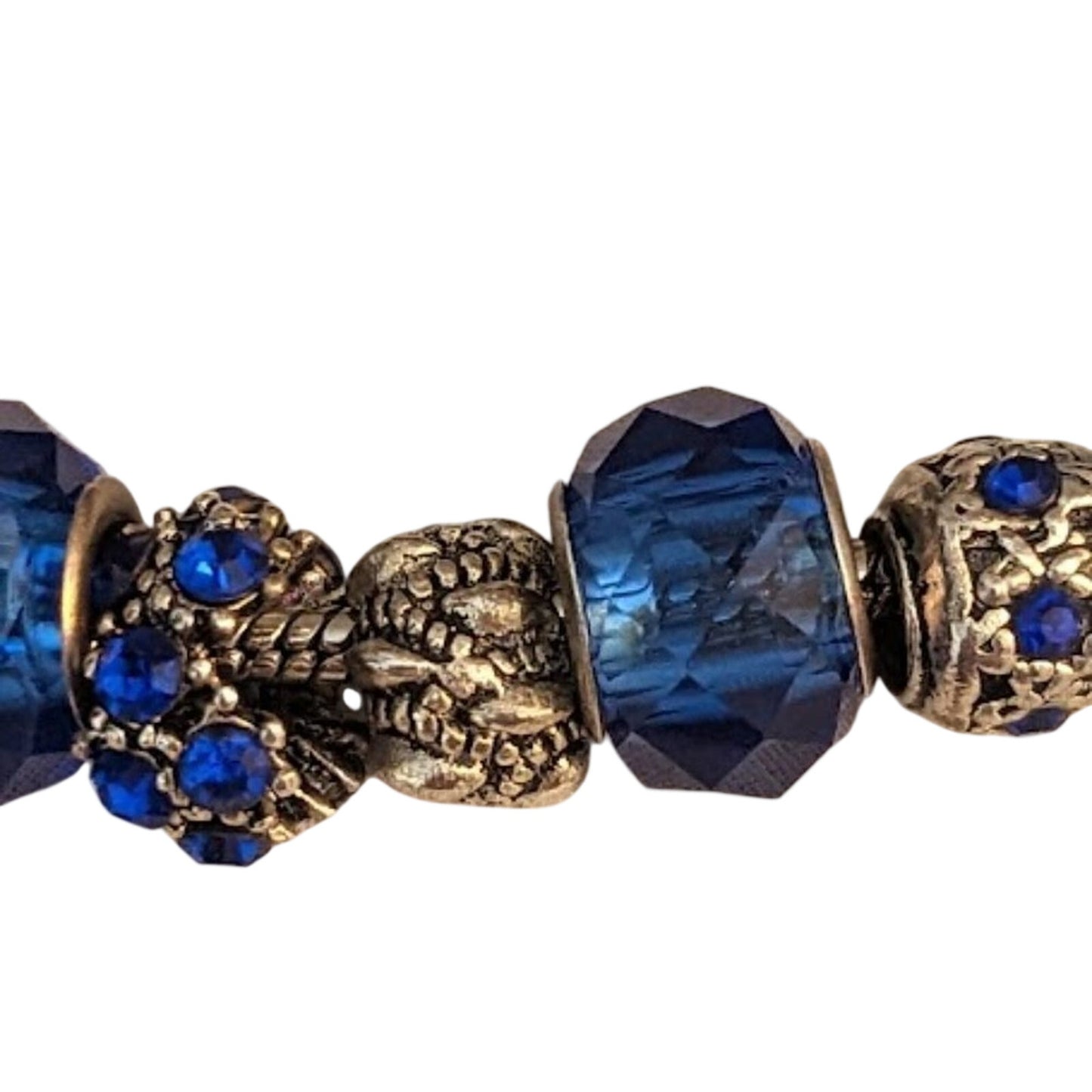 Charm Bracelet With Blue Crystal Beads in Silver Tone Metal with Safety Chain