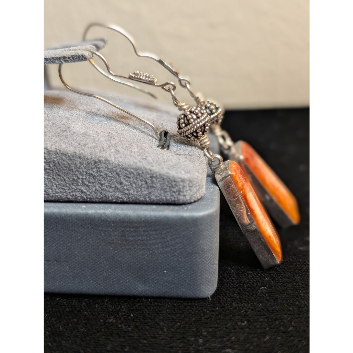 VTG Signed Navajo Juan Willie Sterling Silver Spiny Oyster Dangling Earrings