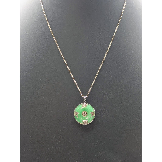 VTG Chinese 925 Silver & Authentic Jade Vintage 1" Pendant 19.75" Chain Necklace