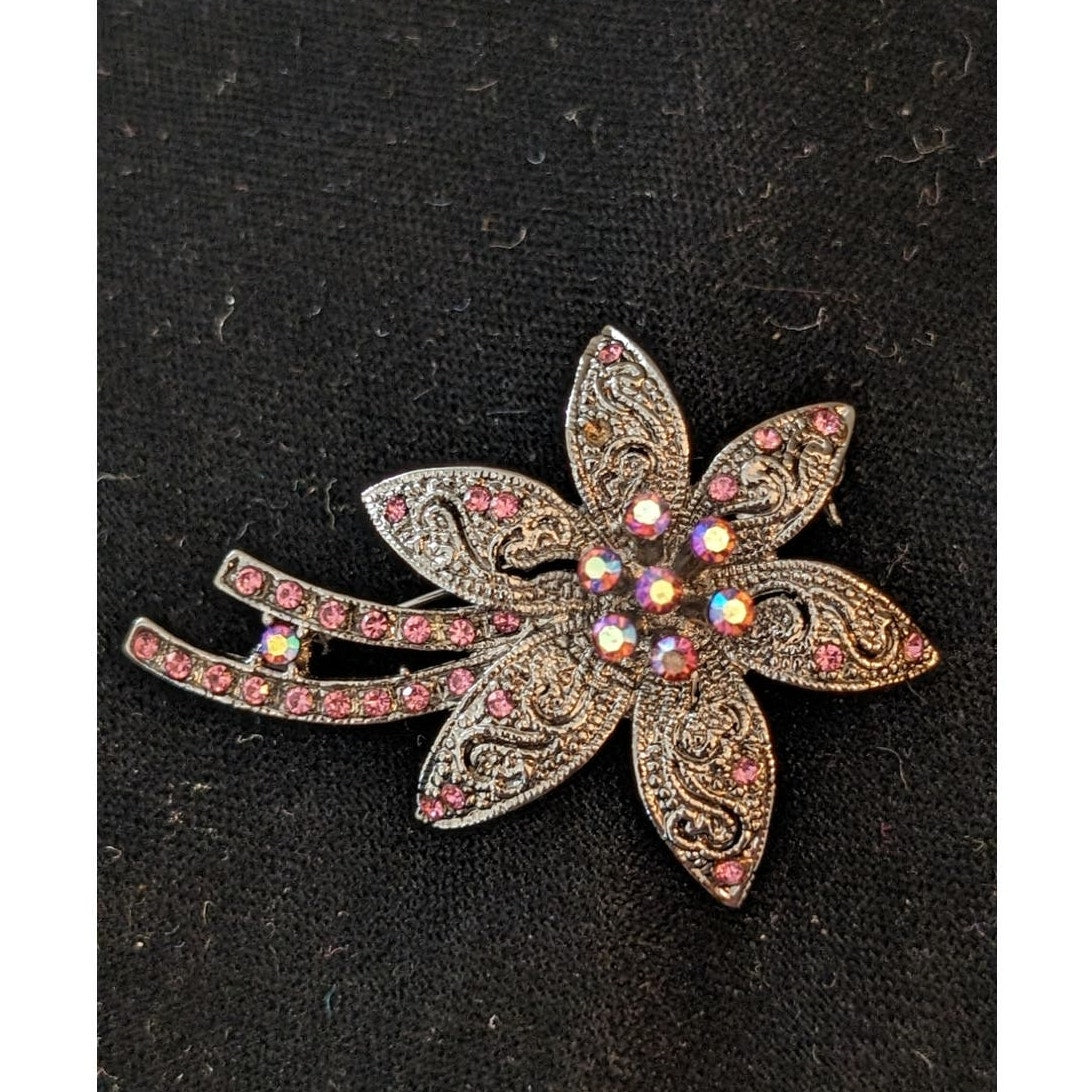 Pink AB Crystal Silver Tone Filigree Floral Brooch