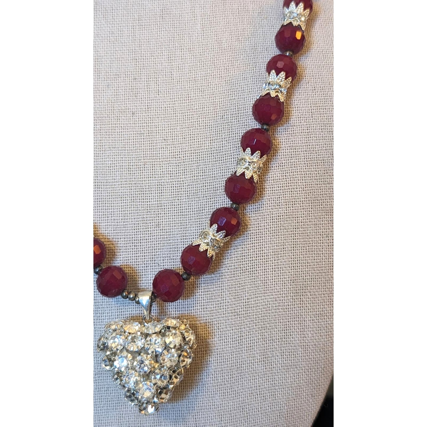 Deep Cranberry Red Cut Faceted Glass Bead and Rhinestone Heart Pendant Necklace