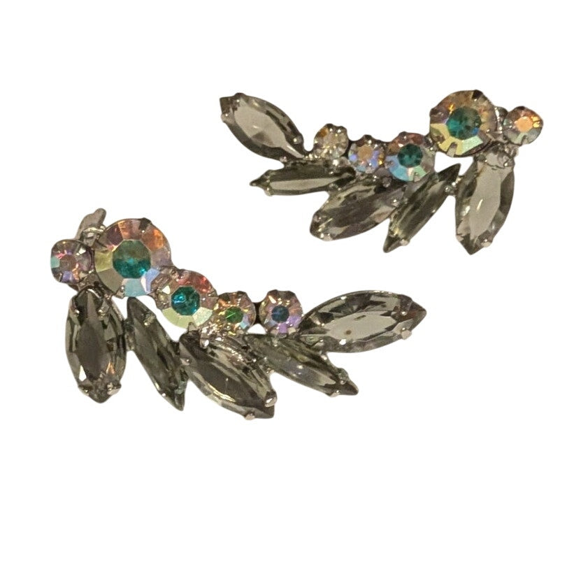 VTG Julianna Smoky Gray Marquis & Round Aurora Borealis Rhinestone Clip Earrings