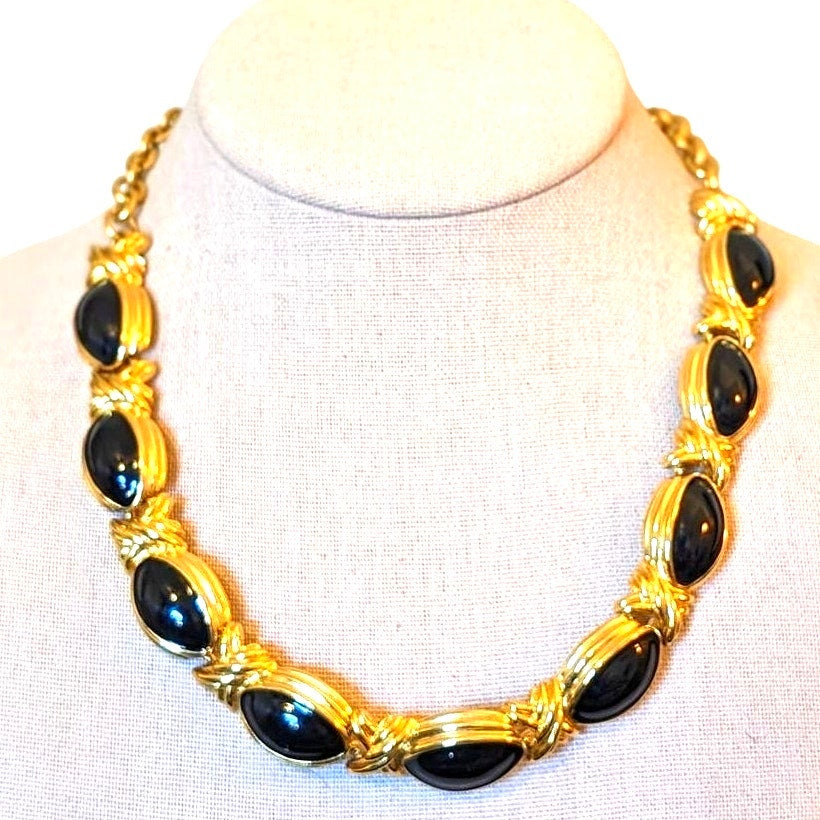 Chunky Vintage 80s Gold Tone X Link Black Enamel Necklace