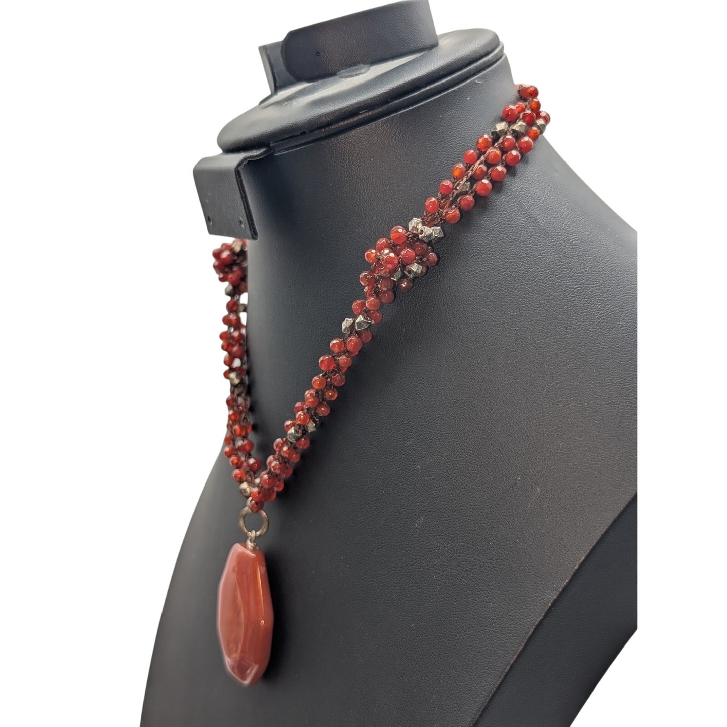 Vintage J. Jill 90s Carnelian Silver Tone Multi Strand Beaded Pendant Necklace