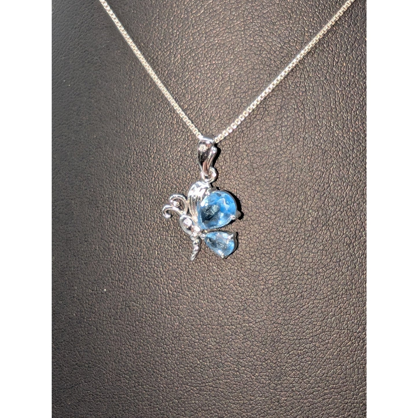 Blue Glass 925 Sterling Silver Butterfly 16" Box Chain Necklace