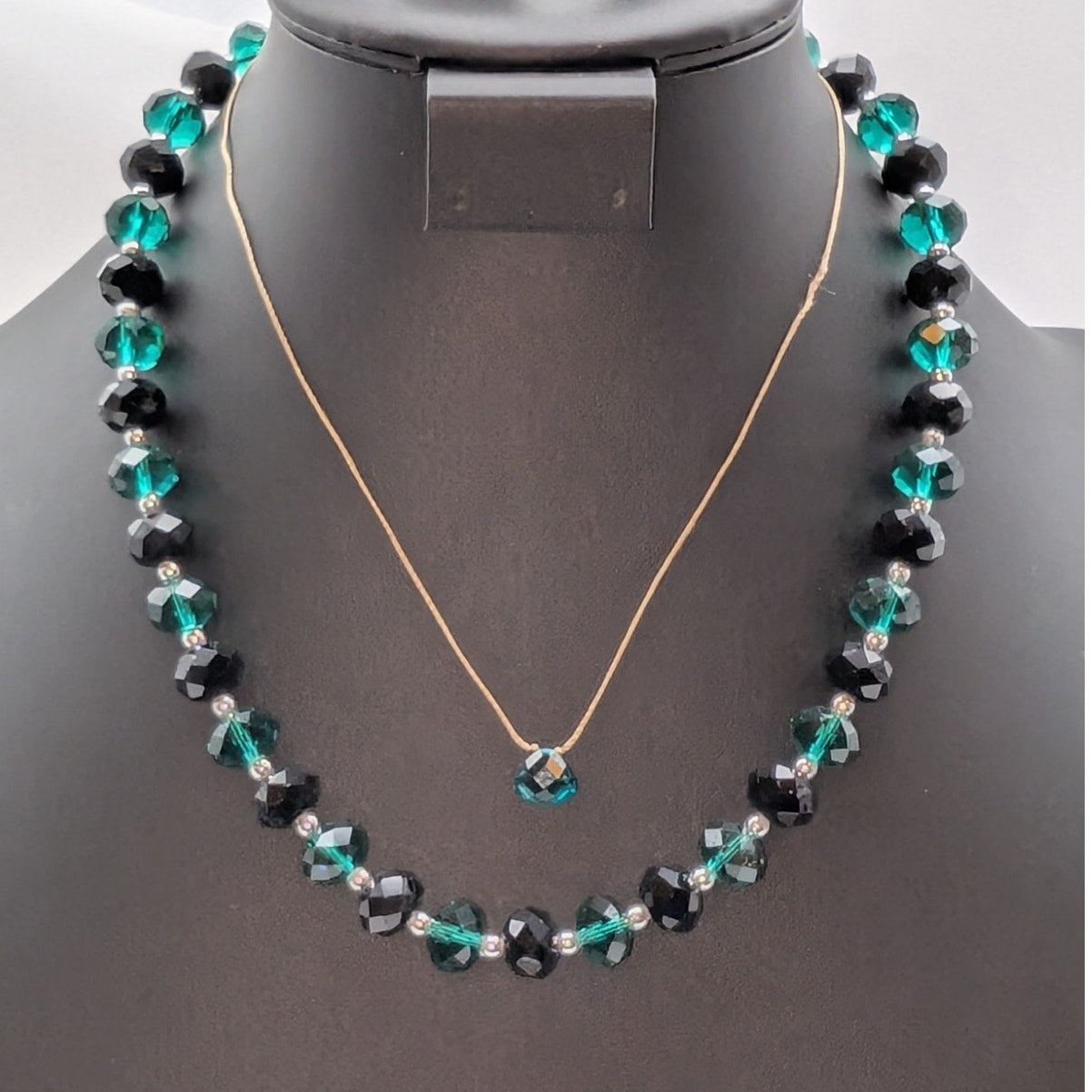 Lot of Two Glass Crystal Necklaces -- Black & Green Glass Crystal