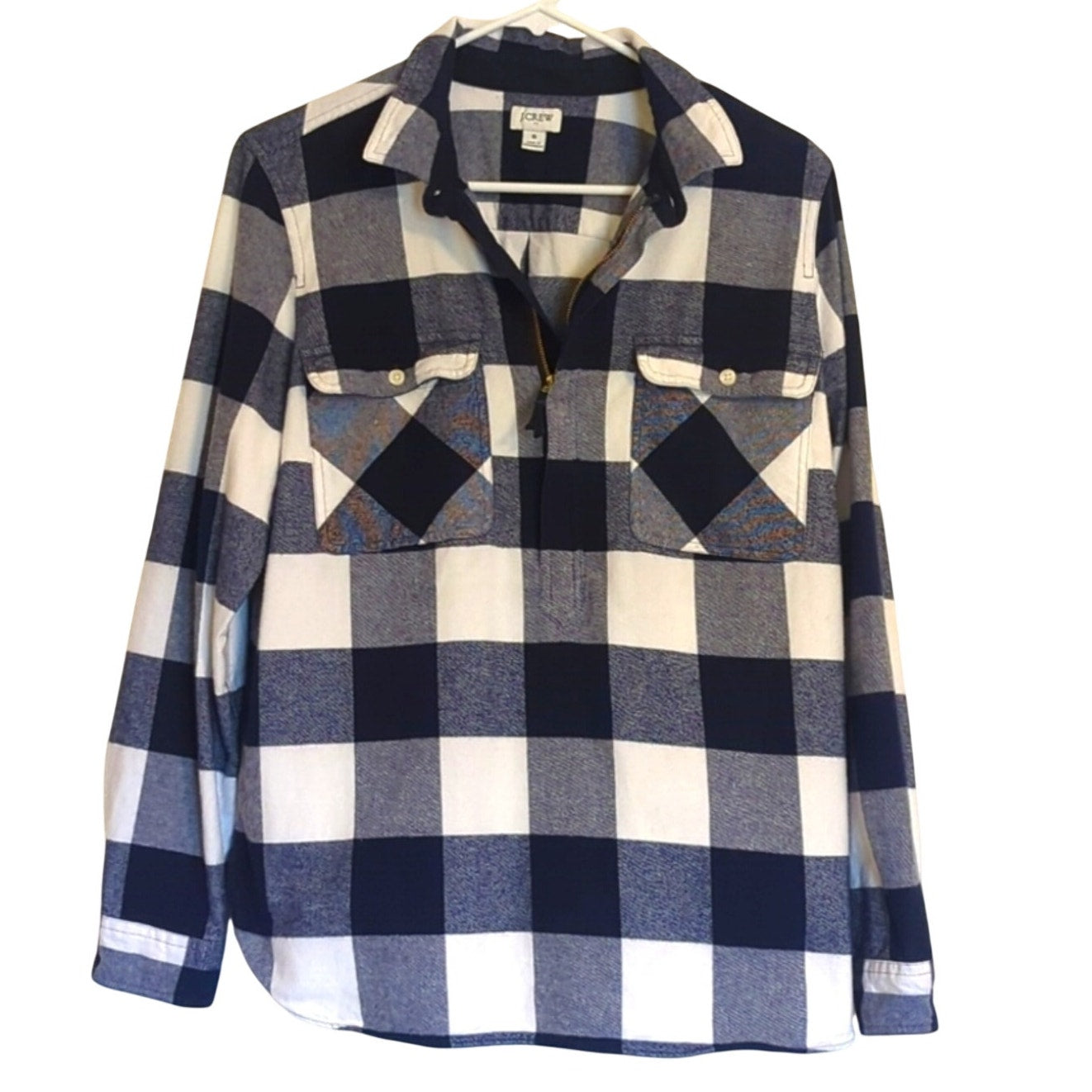 J. Crew Navy Plaid Quarter Zip Flannel Long Sleeve Shirt Women's Size S