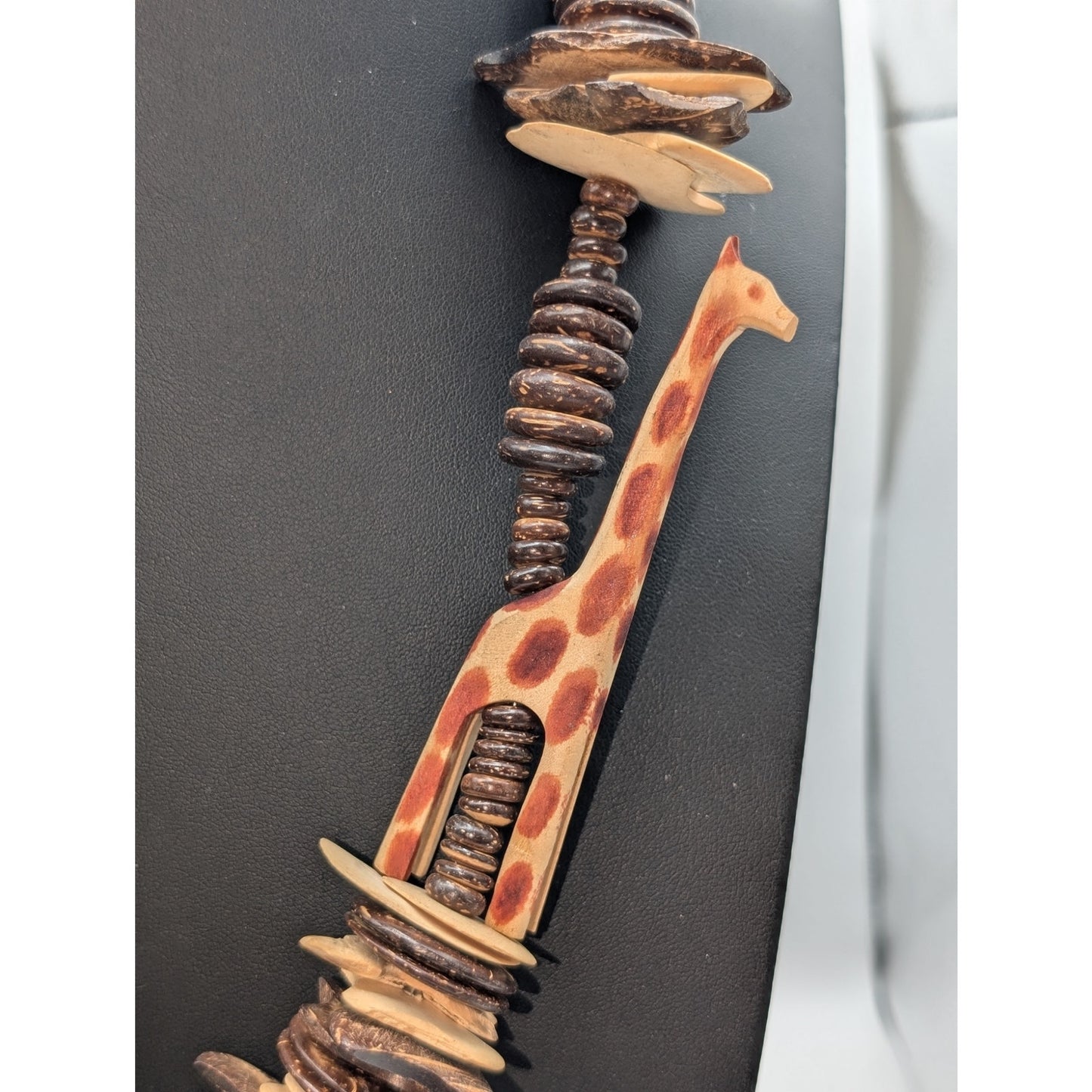 Tribal Lion Tiger Giraffe Carved Animal Coconut Shell Bead Barrel Clasp Necklace