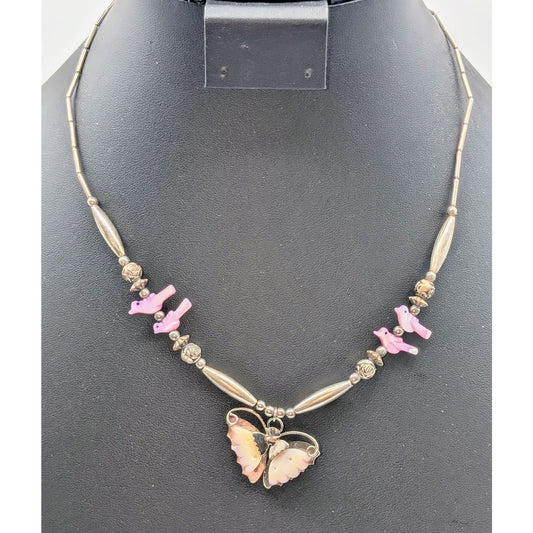 Vintage Liquid Silver Pink Shell Butterfly & Bird Barrel Clasp 18" Necklace