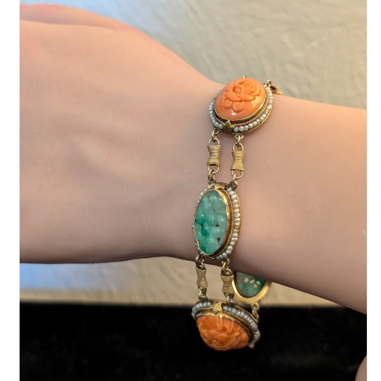 Antique Carved Green Jade Coral & Seed Pearl 14k Yellow Gold Bracelet