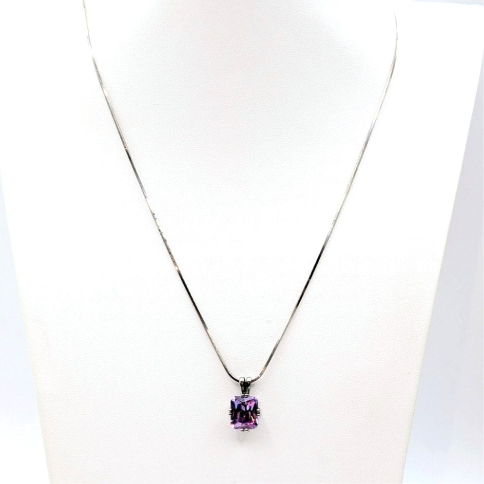 925 Sterling Silver Square Herringbone 20" Chain Lavender CZ Pendant Necklace