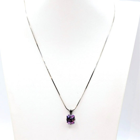 925 Sterling Silver Square Herringbone 20" Chain Lavender CZ Pendant Necklace