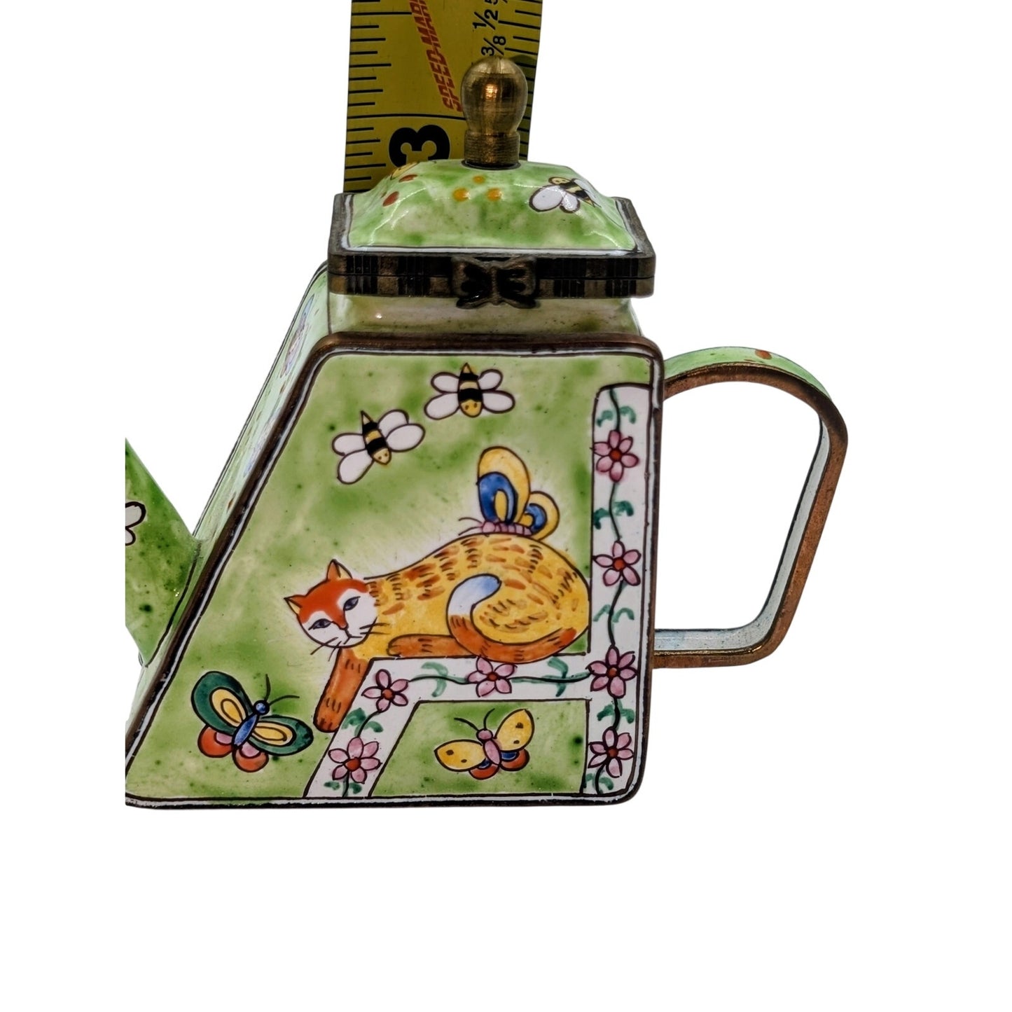 Kelvin Chen Vintage Kitty Catching Butterflies Green Enamel Collectible Teapot