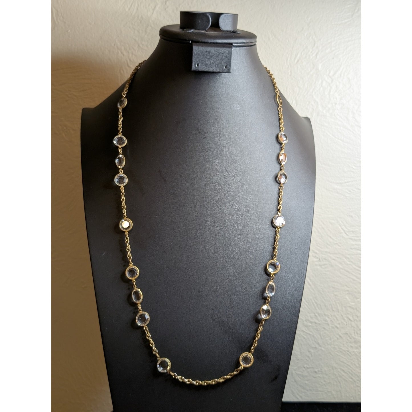 Vintage Signed Miriam Haskell Crystal Gold Tone Chain Long Necklace