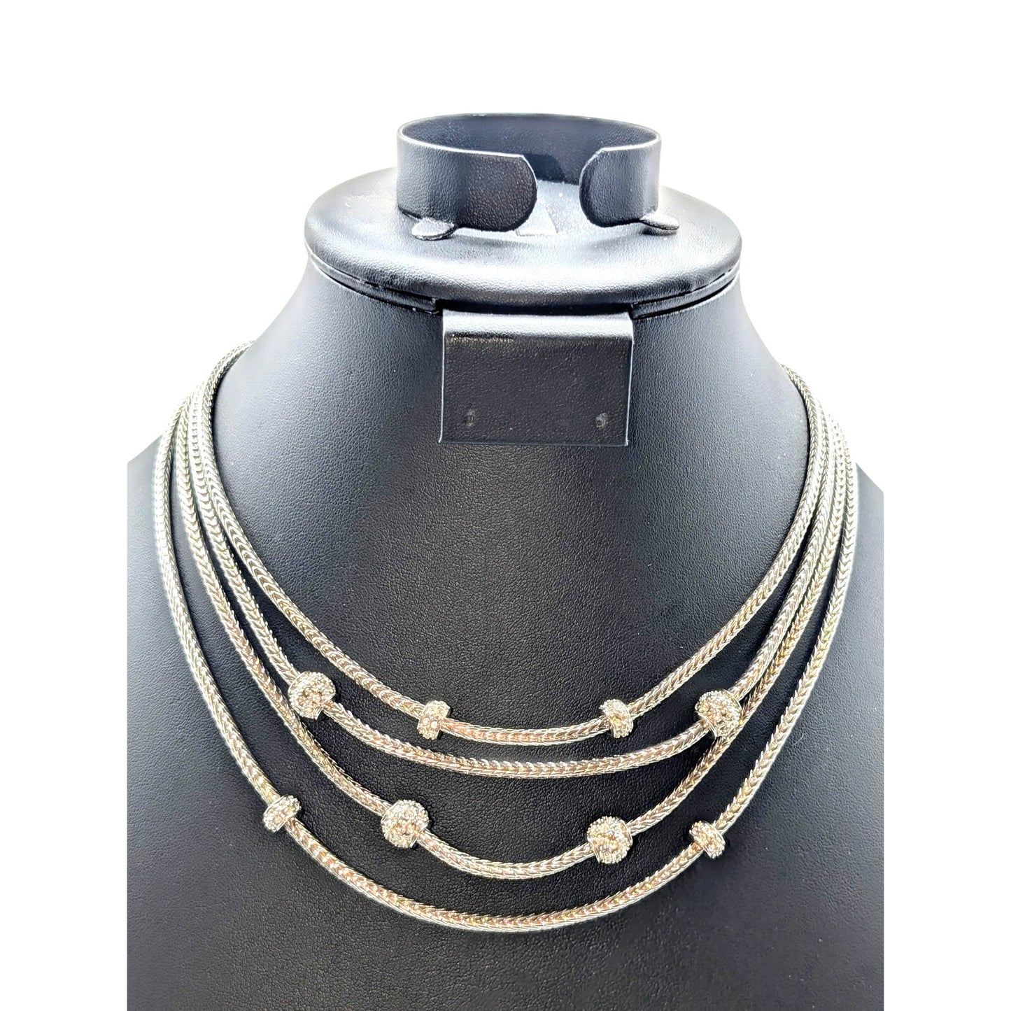 Silver Tone 4 Strand Wheat Chain Pave Bead Stations16.5"-20" Necklace