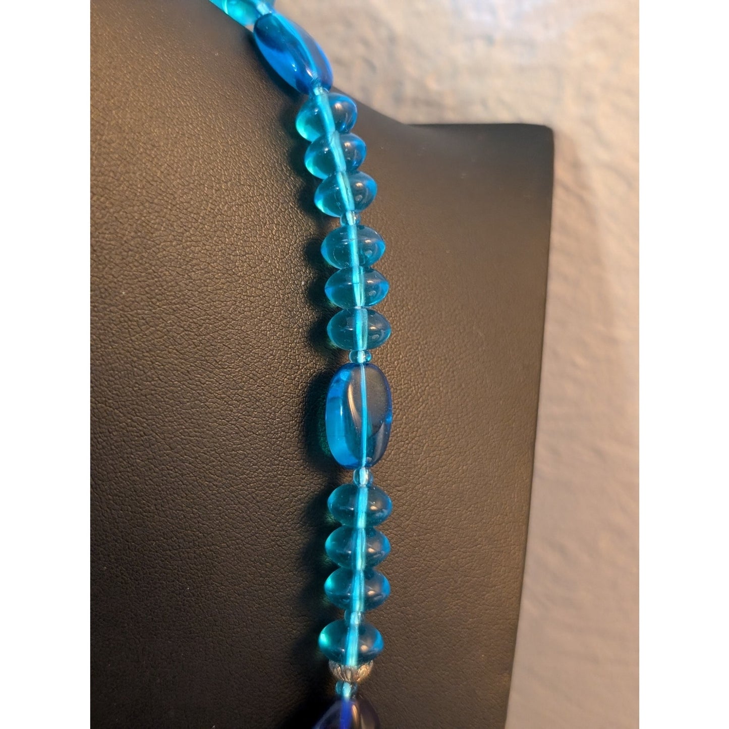 Vintage Multi Shades of Blue Beads Fish Hook Clasp Necklace