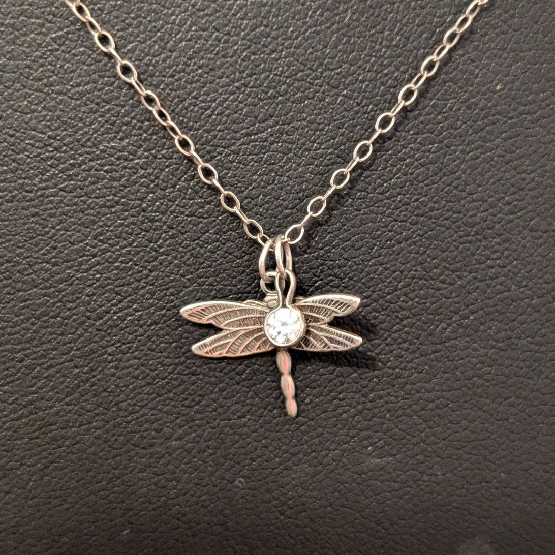 925 Sterling Silver Dragonfly Pendant W/ Rhinestone Dangle on 20" 925 Chain