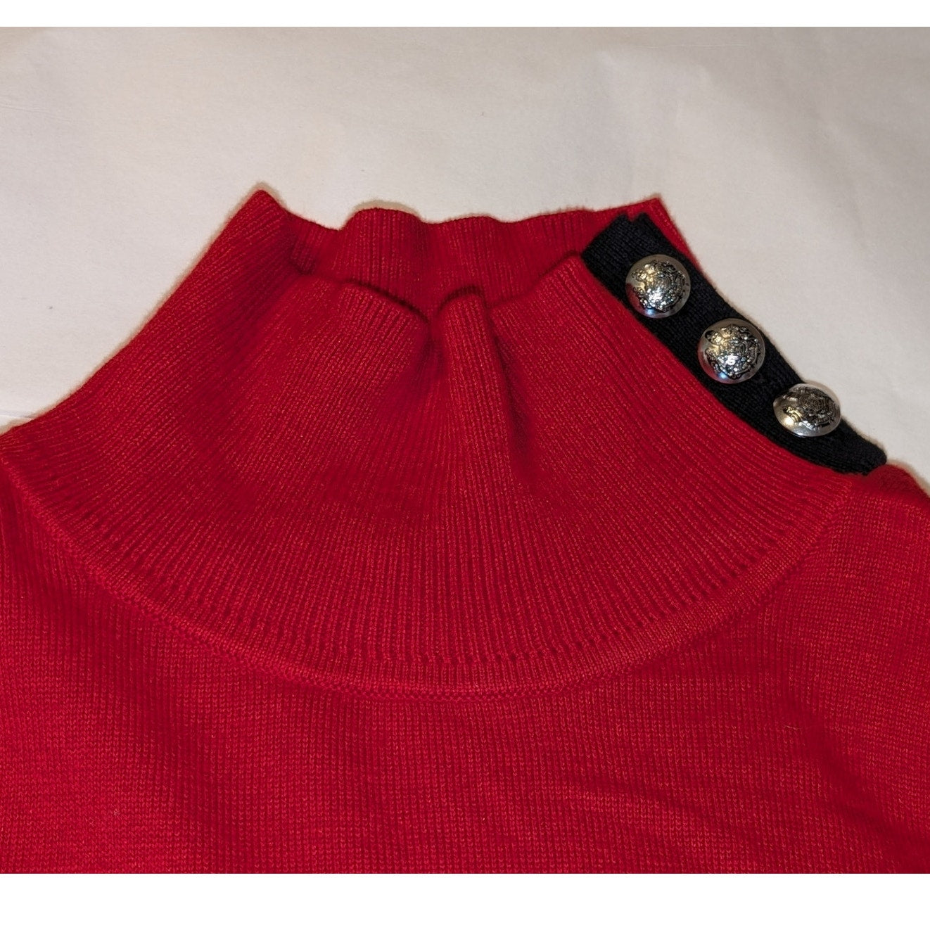 Lauren Ralph Lauren Red Black Accent Silver Tone Button Turtleneck Sweater Sz XL