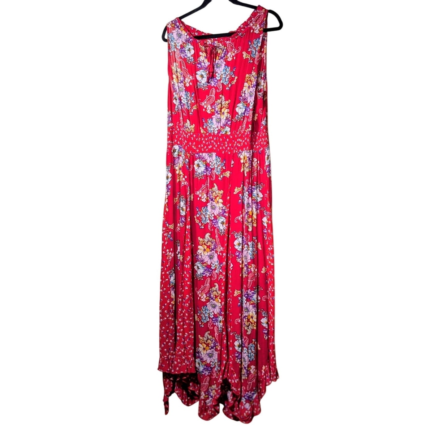 Bila Ruffled Smocked Boho Hippie Red Floral Maxi Dress Women's Size XL