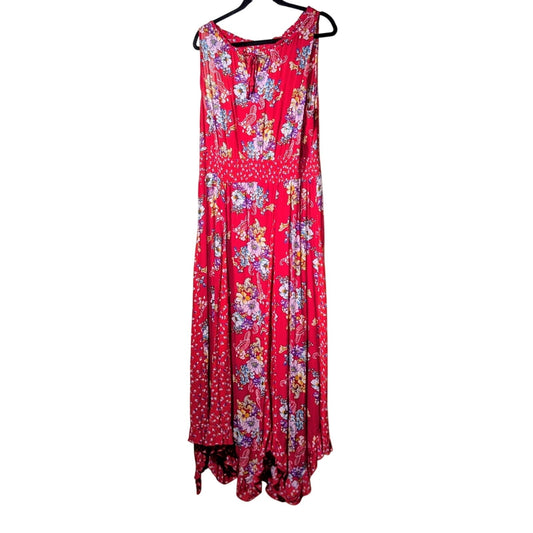 Bila Ruffled Smocked Boho Hippie Red Floral Maxi Dress Women's Size XL