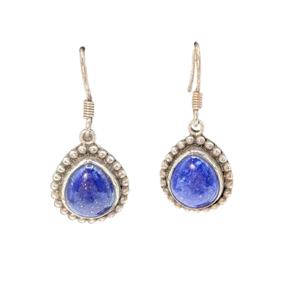 Vintage Lapis Lazuli Beaded 925 Sterling Silver Wire Dangle Earrings
