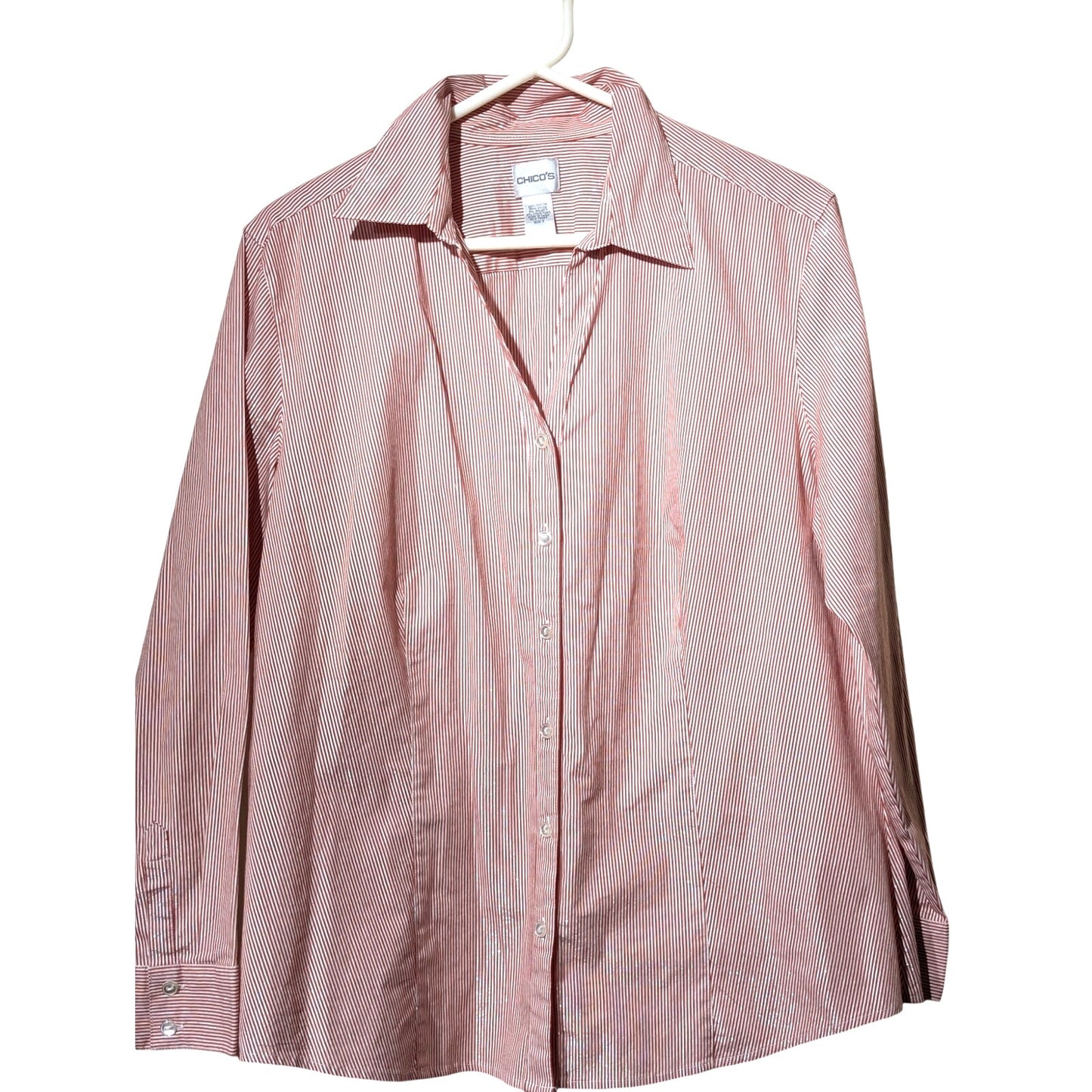 Chico's Red Silver Metallic Stripe Button Front Blouse Womens Size 3 (XL-16)