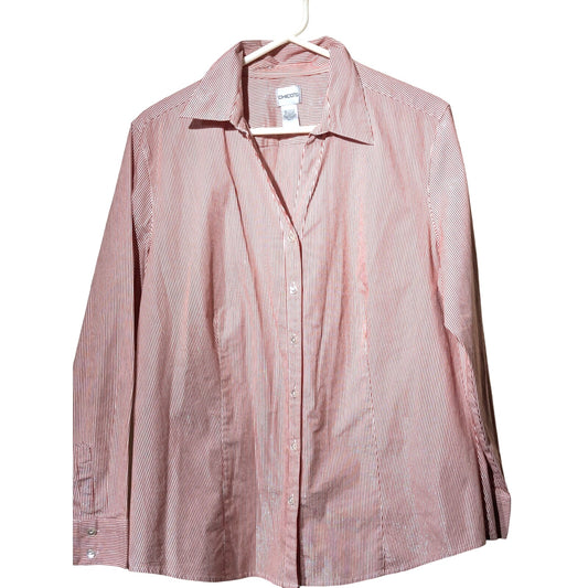 Chico's Red Silver Metallic Stripe Button Front Blouse Womens Size 3 (XL-16)