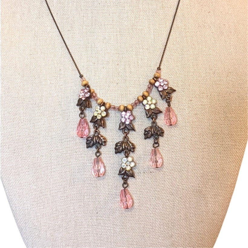 Antiqued Bronze Pink & AB Crystal Teardrop Dangle Necklace