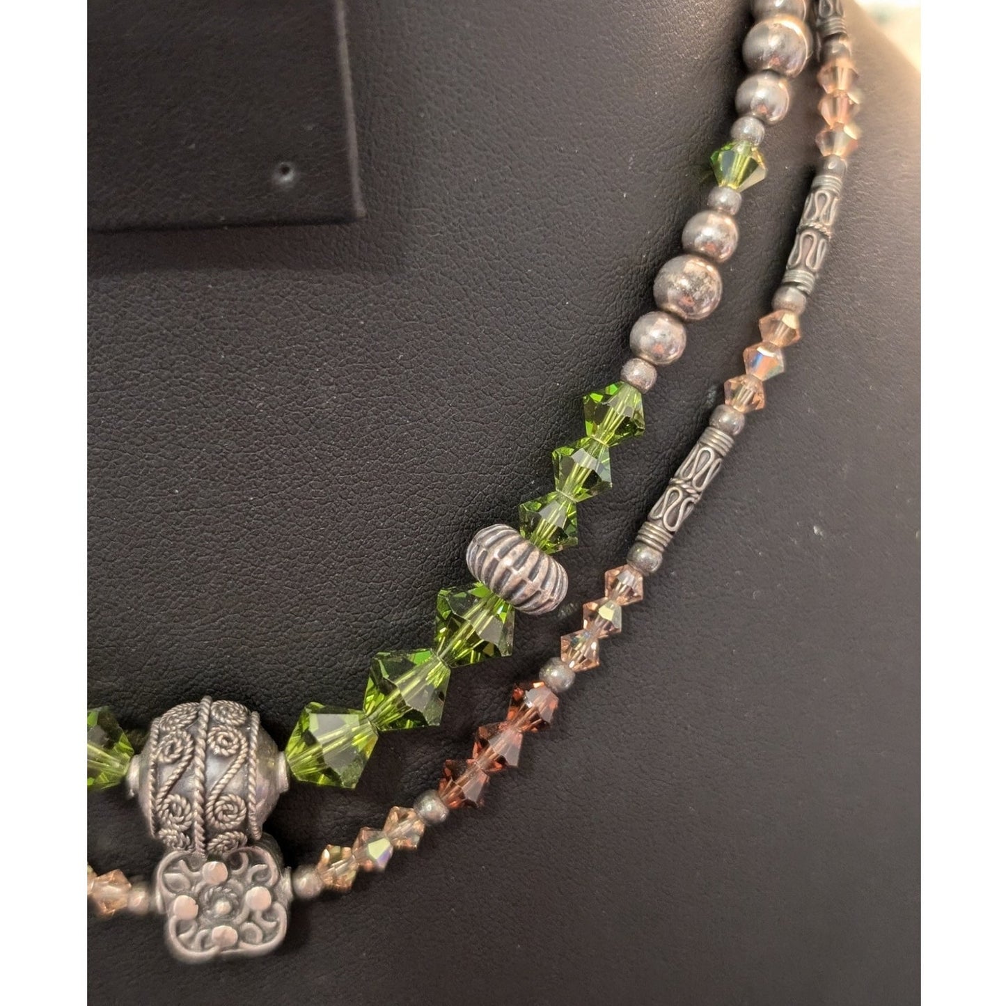 Two 925 Sterling Green Champagne Smoky Topaz Crystal Balinese Bead Necklaces