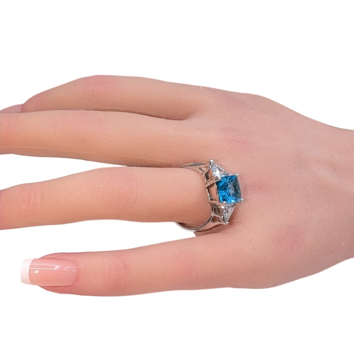 Silver Plated Blue Emerald Cut Center Stone Side Trillion CZ Cocktail Ring Sz 9