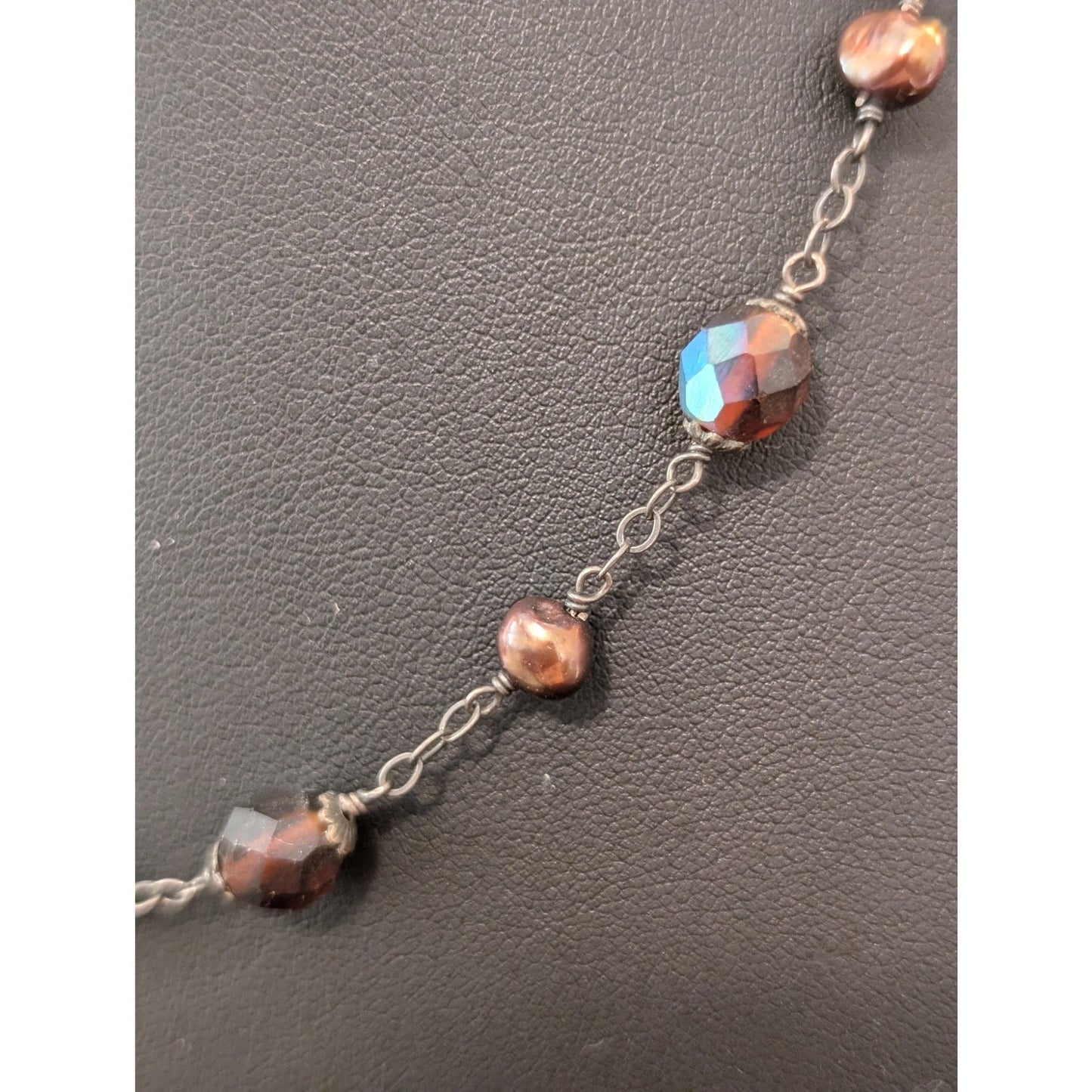 Vintage 925 Sterling Red/Brown AB Crystal Copper Pearl Bead 16"-18" Choker
