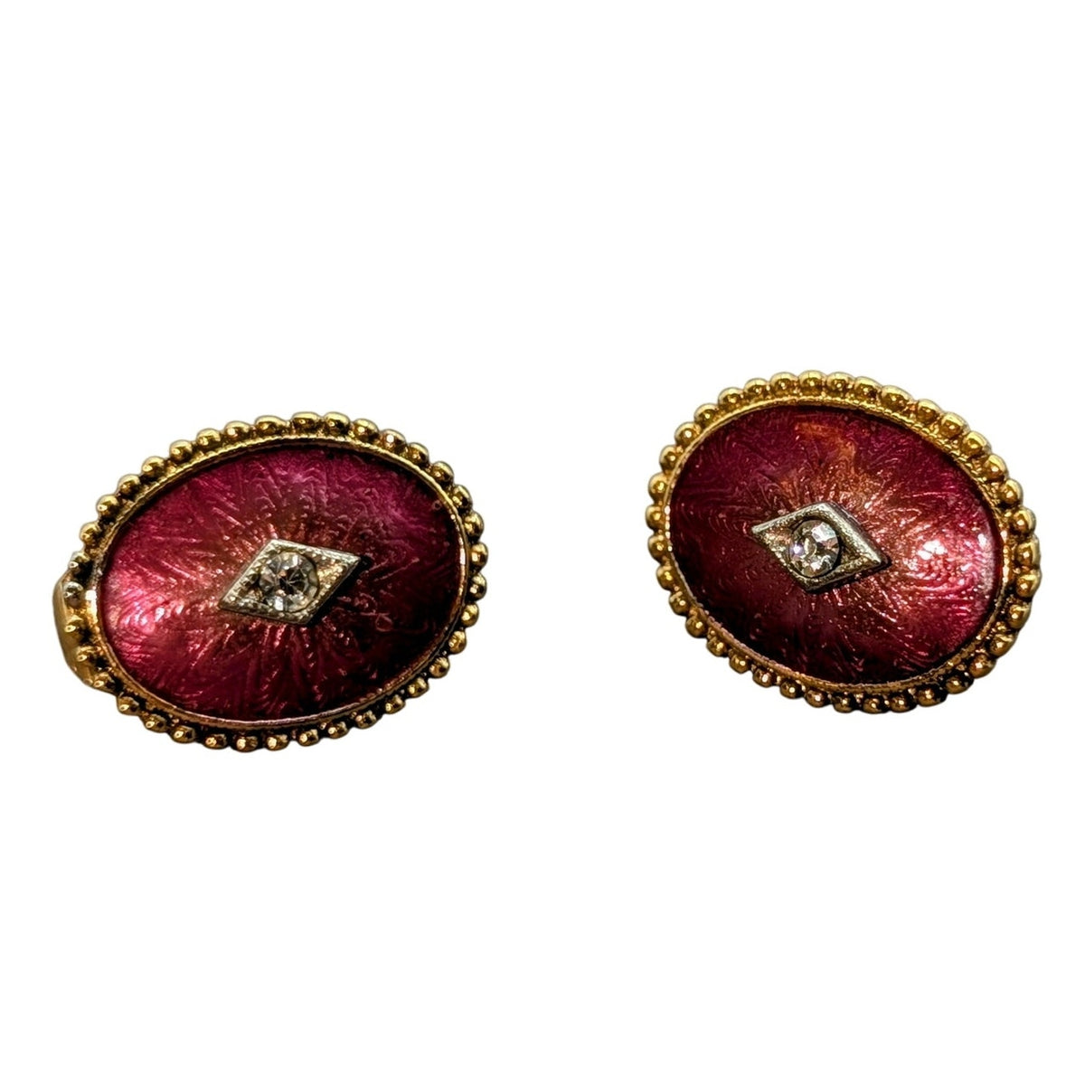 Vintage Unsigned Pink Enamel Oval Beaded Center Rhinestone Clip On Earrings