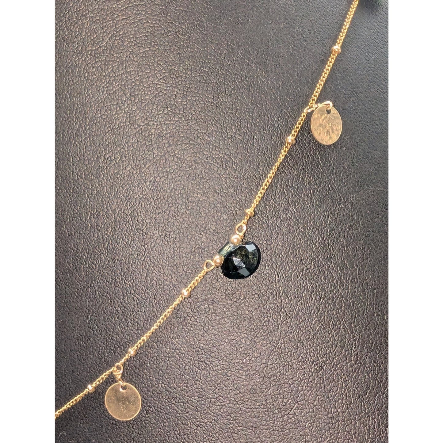 14K Gold Filled Disk & Gemstone Dangle 17"-19.5" Chain Necklace