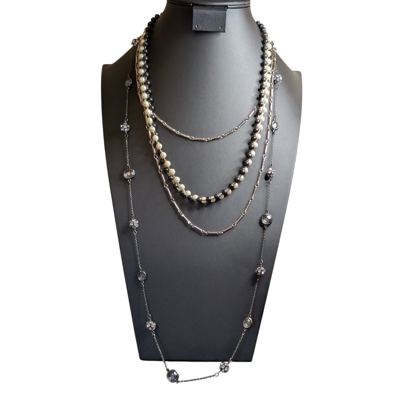 Lot of Three Layered Black White Silver Gunmetal Crystal Pearl Necklaces
