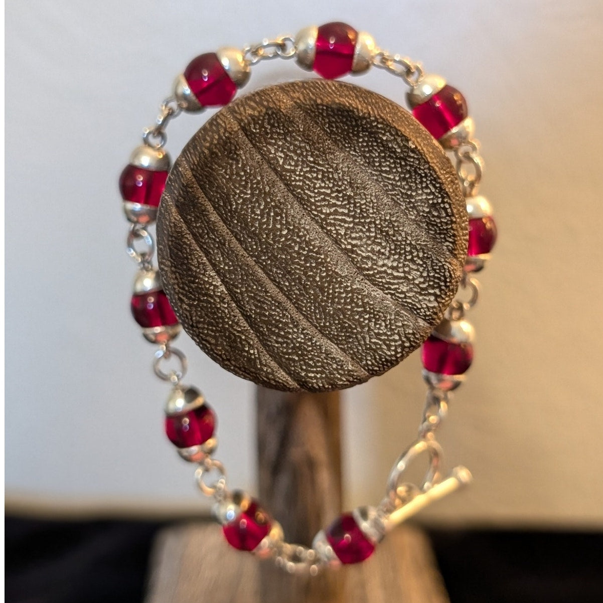 Bright Red Czech Glass Sterling Silver 925 Toggle Clasp 7.75" Bracelet