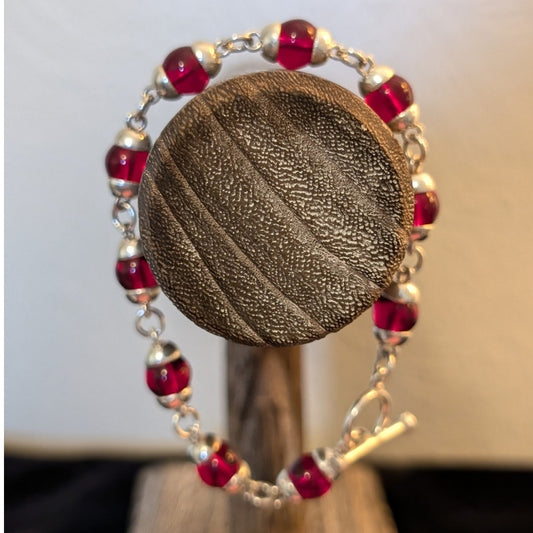 Bright Red Czech Glass Sterling Silver 925 Toggle Clasp 7.75" Bracelet
