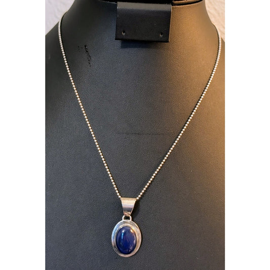 Vintage Sterling Blue Stone Pendant Bead Ball Sterling Chain Necklace