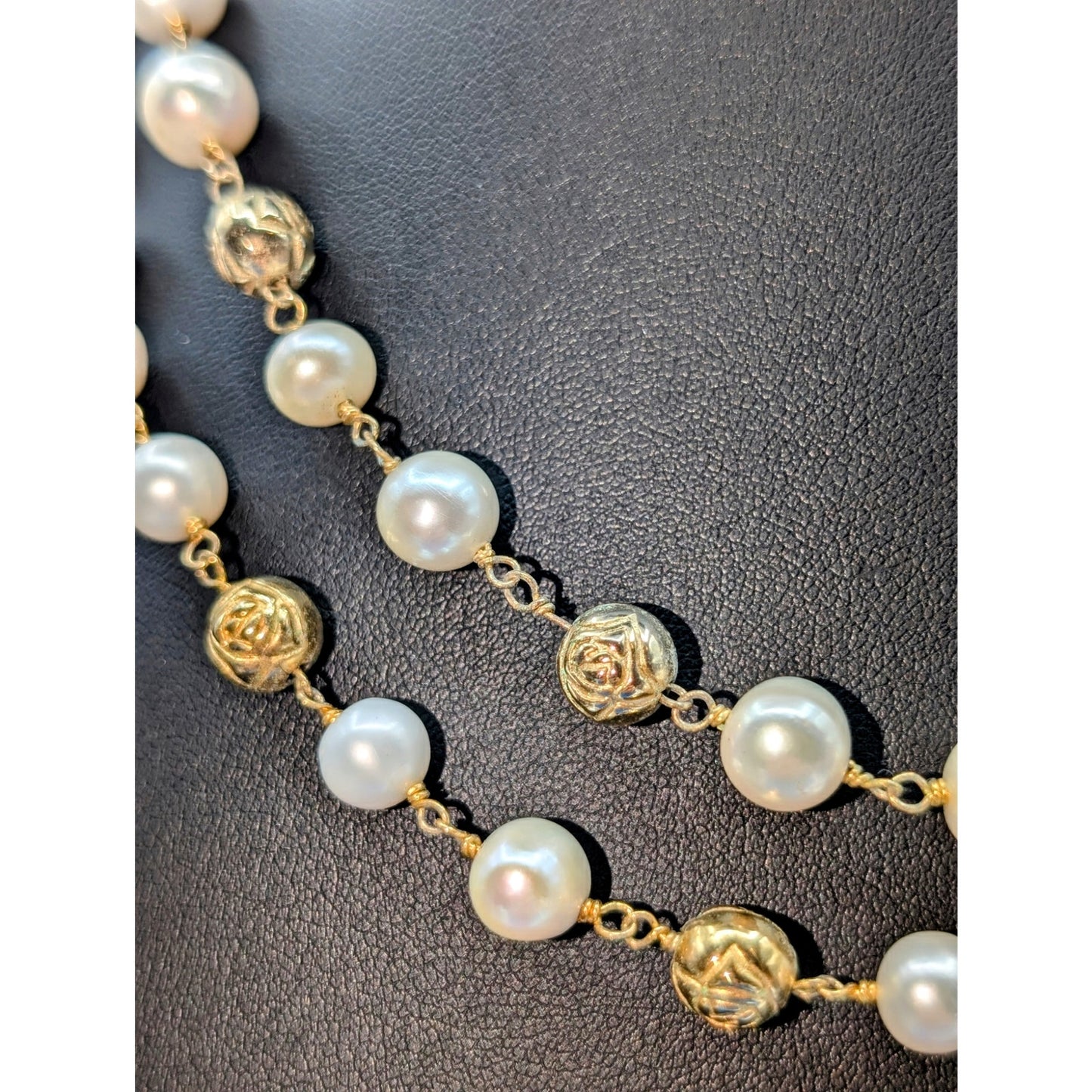 Vintage Gold Tone Rose Embossed Bead Genuine Pearl Double Strand Necklace