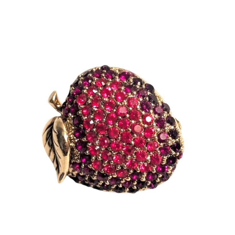 Signed MONET Vintage Pave Crystal Rhinestone Red Apple Gold Tone Leaf Brooch