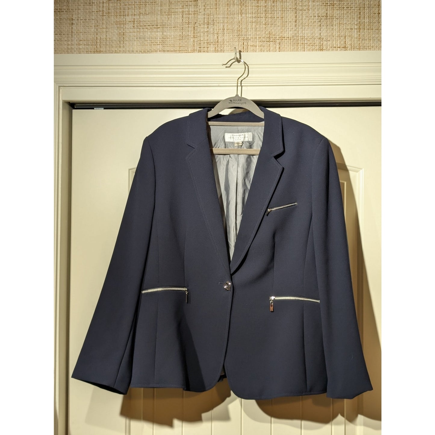 Tahari Arthur S. Levine Petite Navy Silver Zip Pocket Button Lined Blazer Sz 16P