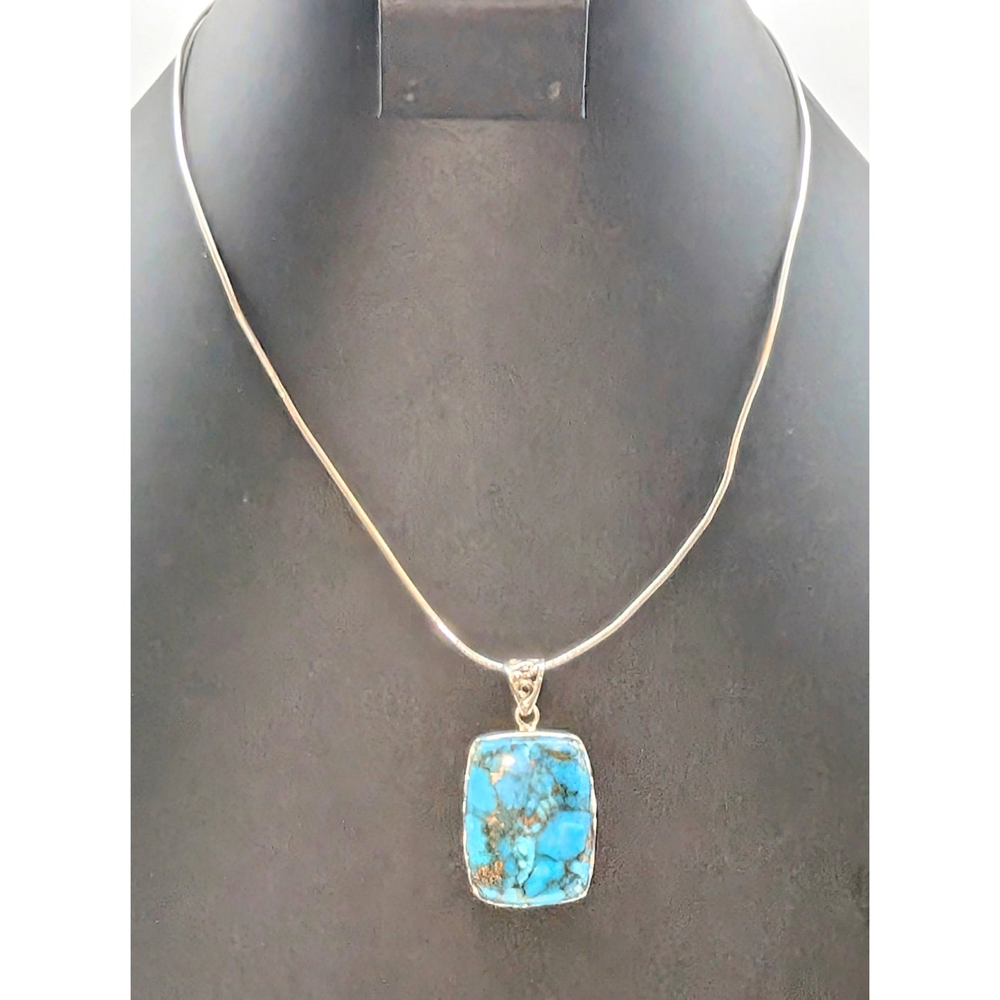 VTG 925 Sterling Silver Copper Turquoise Pendant on Sterling 18" Cable Wire