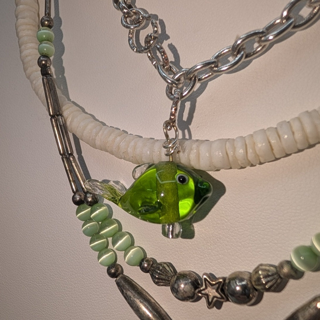 Lot of 3 Green Silver Tone Theme Boho Necklaces and a Beaded Wire Wrap Bracelet