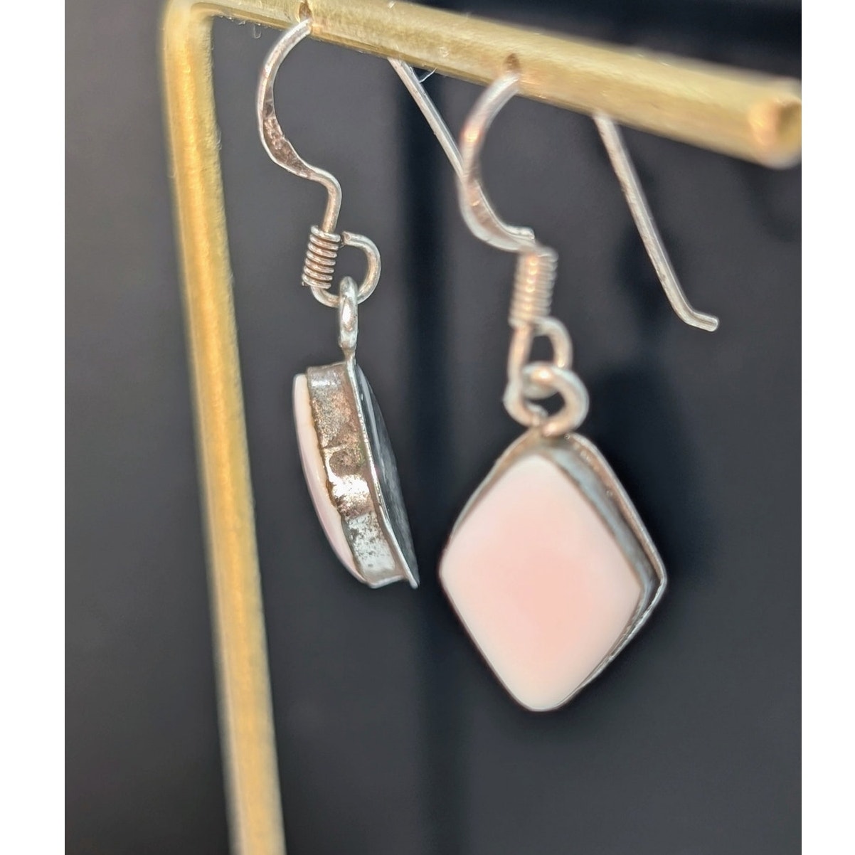Vintage 925 Sterling Silver Diamond Shape Pink Stone Dangle Earrings