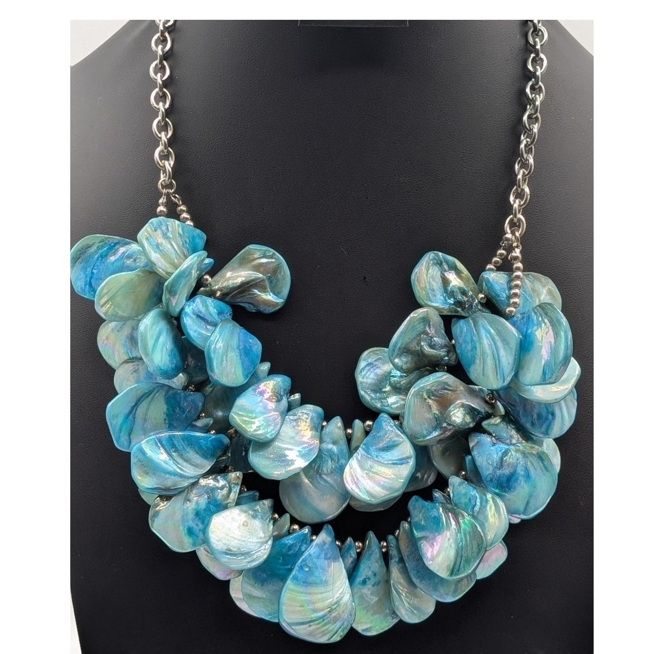 Silver Tone Chain Multi-Layer Dyed Blue Shell Petal Bead Statement Necklace