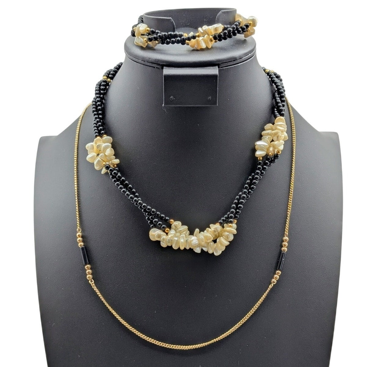 3 Piece Lot--Two Vintage Black Bead Gold Tone Necklaces & One Matching Bracelet