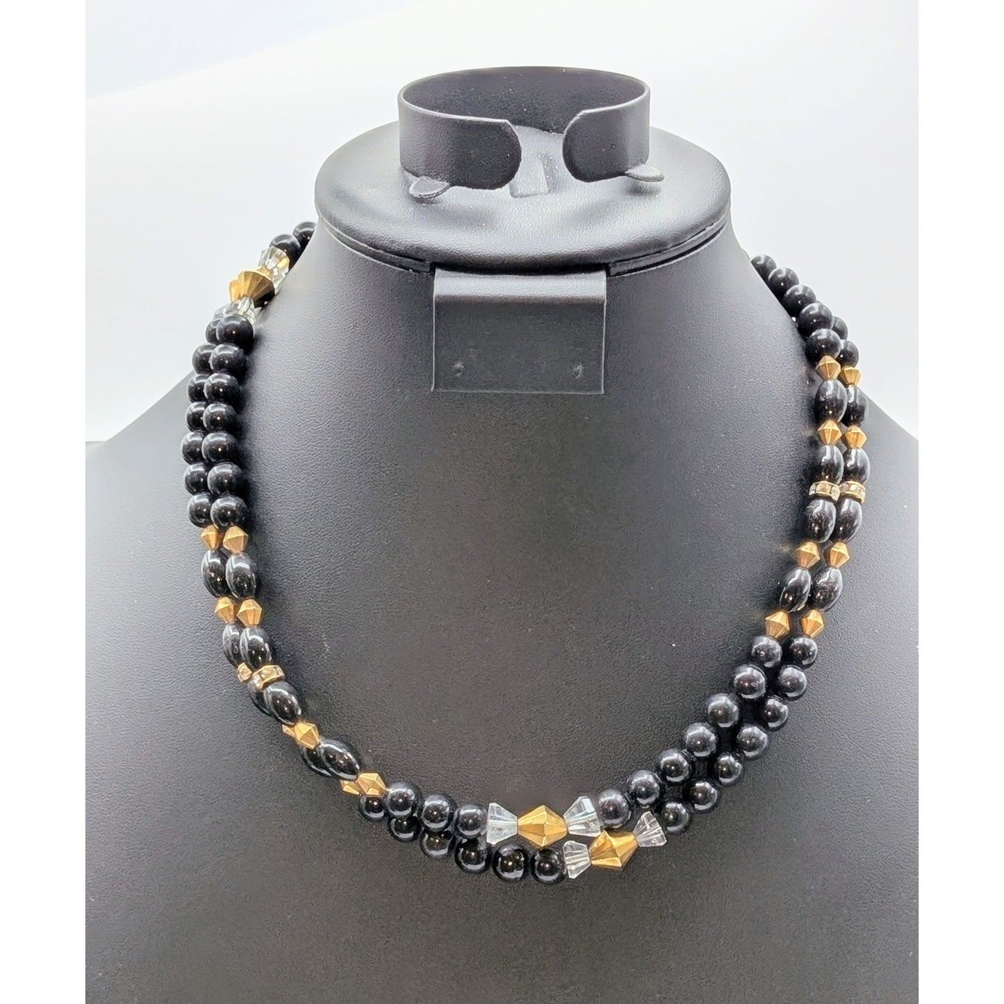 Vtg Black Glass Gold Tone Bicone Crystal & Rondelle Bead Double Strand Necklace