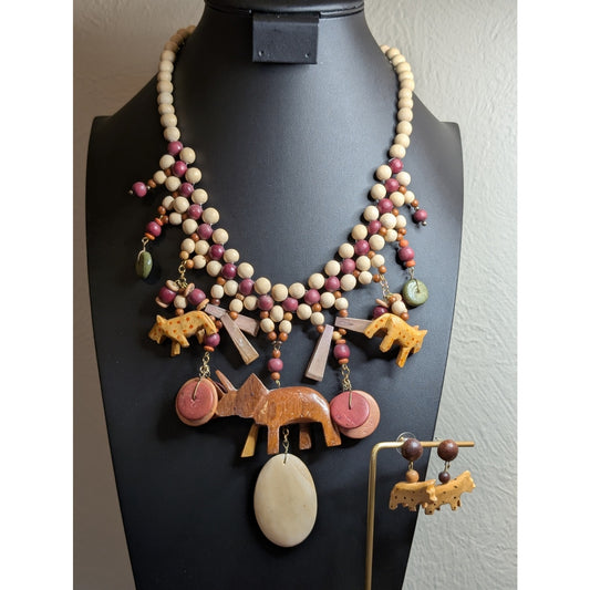 Vintage 1980s Wooden Carved Animal Tribal Necklace & Earring Set