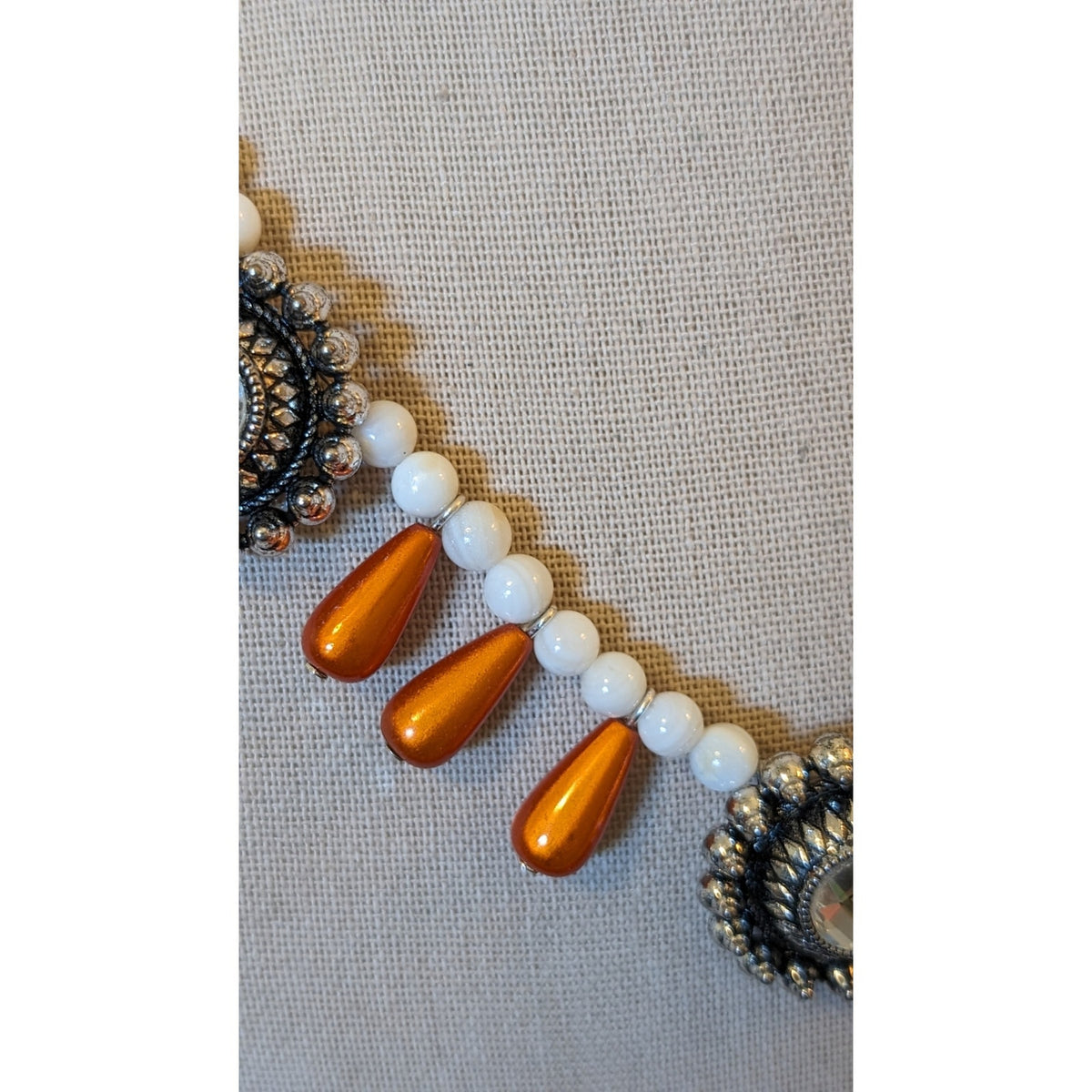 Orange Teardrop Dangle White Glass Rhinestone Bali Inspired 18.5" Necklace